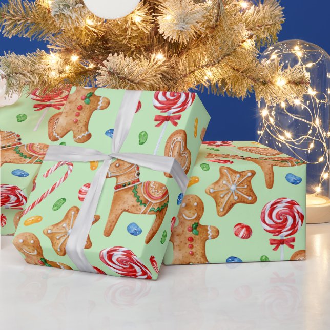 Watercolor Christmas gingerbread cookies man horse Wrapping Paper (Holidays)
