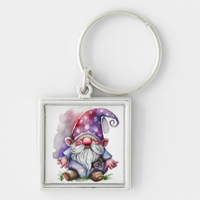 Watercolor Christmas Gnome in Purple Tones  Keychain (Front)