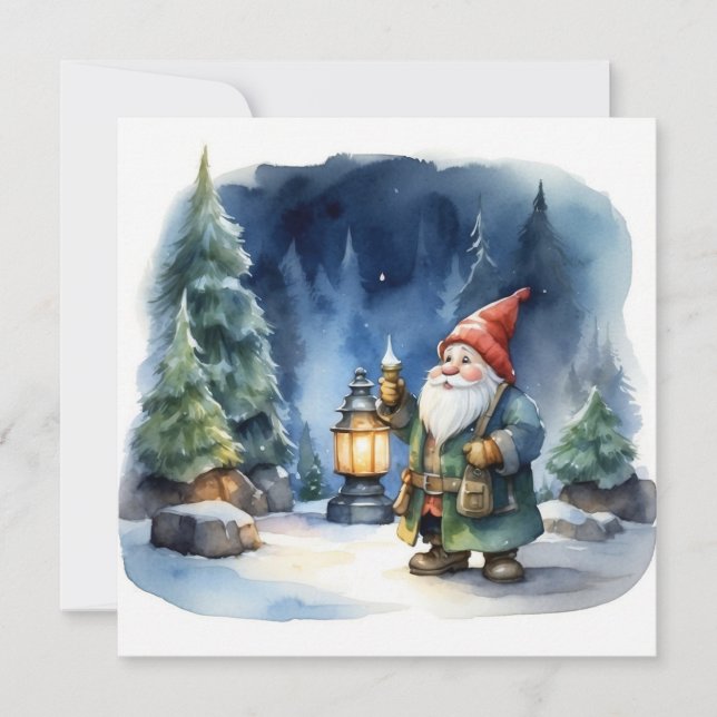 Watercolor Christmas Gnome in the Forest  Holiday Card (Front)