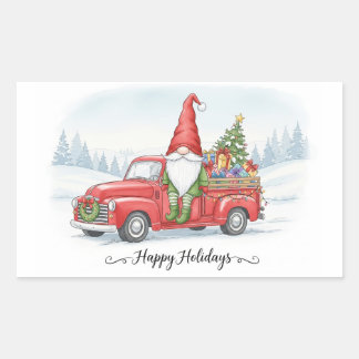 Watercolor Christmas Gnome on Red Vintage Truck wi Rectangular Sticker