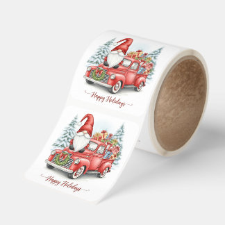 Watercolor Christmas Gnome on Red Vintage Truck wi Square Sticker