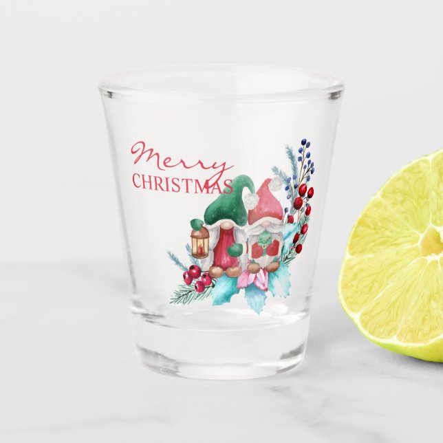 Watercolor Christmas Gnome Shot Glass (Front)