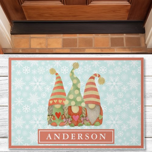 Watercolor Christmas Gnome Trio Family Name Doormat