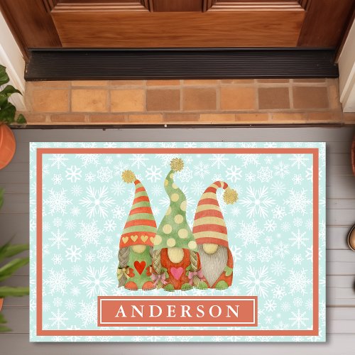 Watercolor Christmas Gnome Trio Family Name Doormat