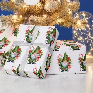 Watercolor Christmas Gnome with Candy Cane Wrapping Paper