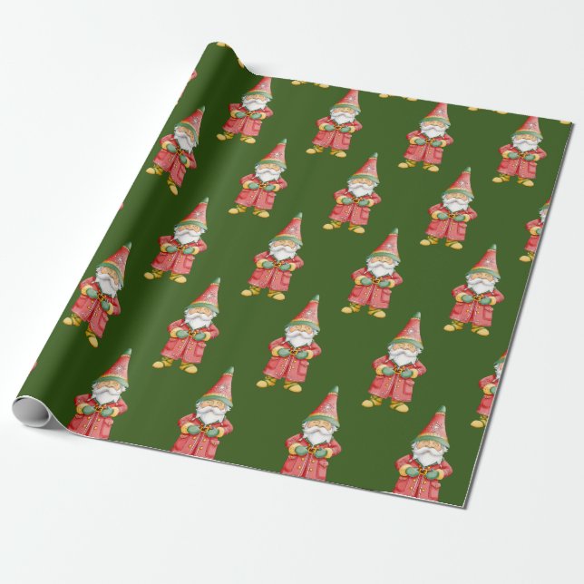 Watercolor Christmas Gnome Wrapping Paper (Unrolled)