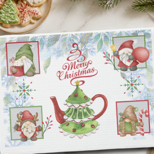 Watercolor Christmas Gnomes and Teapot Holiday Kitchen Towel