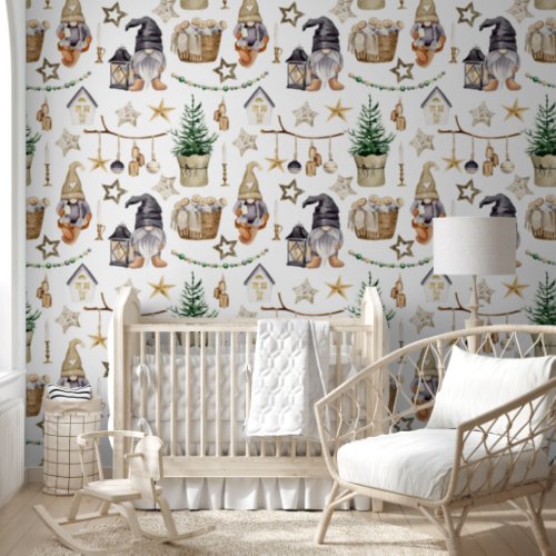 Watercolor Christmas Gnomes Black White Gold  Wallpaper