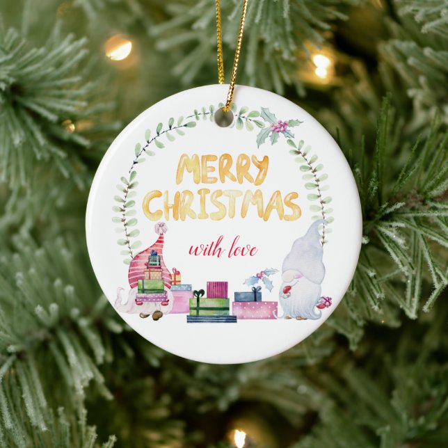 Watercolor christmas gnomes ceramic ornament (Tree)
