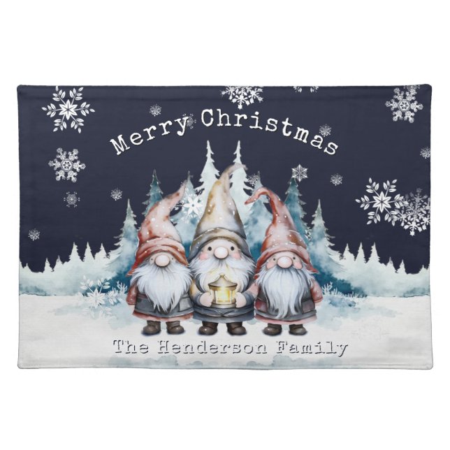 Watercolor Christmas Gnomes Personalized Cloth Placemat (Front)