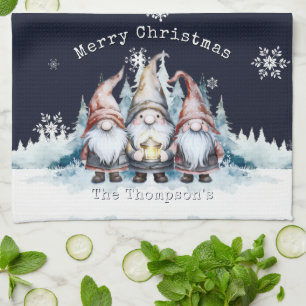 Watercolor Christmas Gnomes Personalized Kitchen Towel