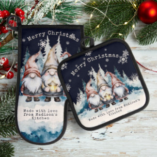 Watercolor Christmas Gnomes Personalized Oven Mitt & Pot Holder Set