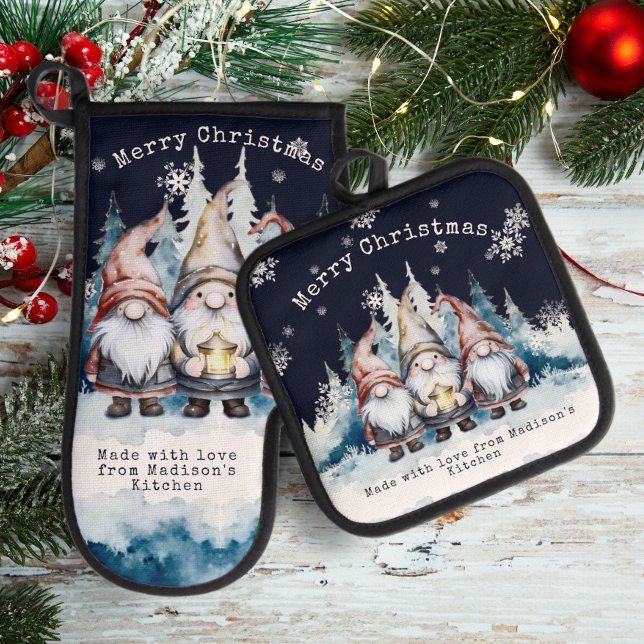 Watercolor Christmas Gnomes Personalized Oven Mitt & Pot Holder Set (Watercolor Christmas Gnomes Personalized Oven Mitt and Potholder Set)
