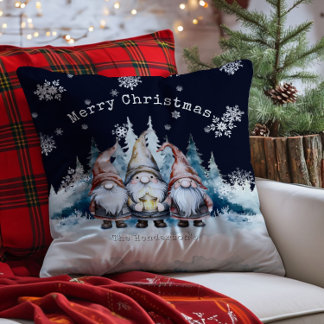 Watercolor Christmas Gnomes Personalized Throw Pillow