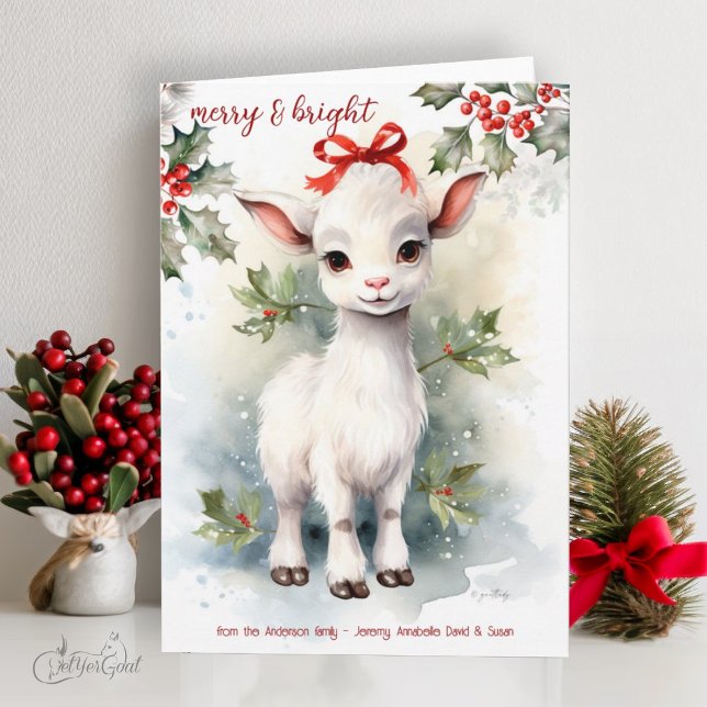 Watercolor Christmas Goat Baby Merry and Bright  Card (goat lover's Christmas Cards - baby goats in watercolor - 8th in a series of 8  #zazzlemade)