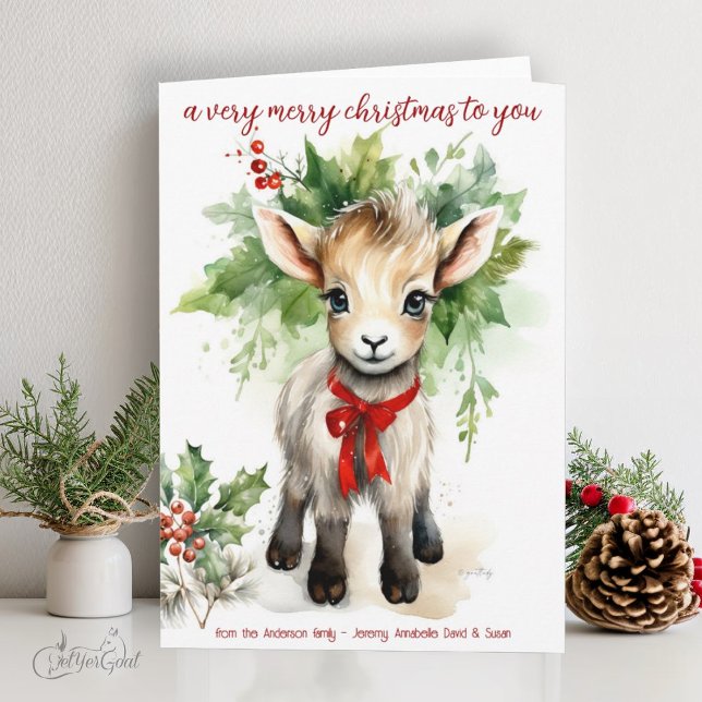 Watercolor Christmas Goat Baby Merry Christmas Card (goat lover's Christmas Cards - baby goats in watercolor - 1st in a series of 8  #zazzlemade)
