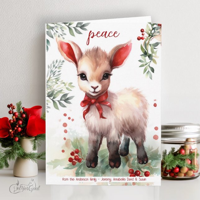 Watercolor Christmas Goat Baby Peace Card (goat lover's Christmas Cards - baby goats in watercolor - 4th in a series of 8  #zazzlemade)