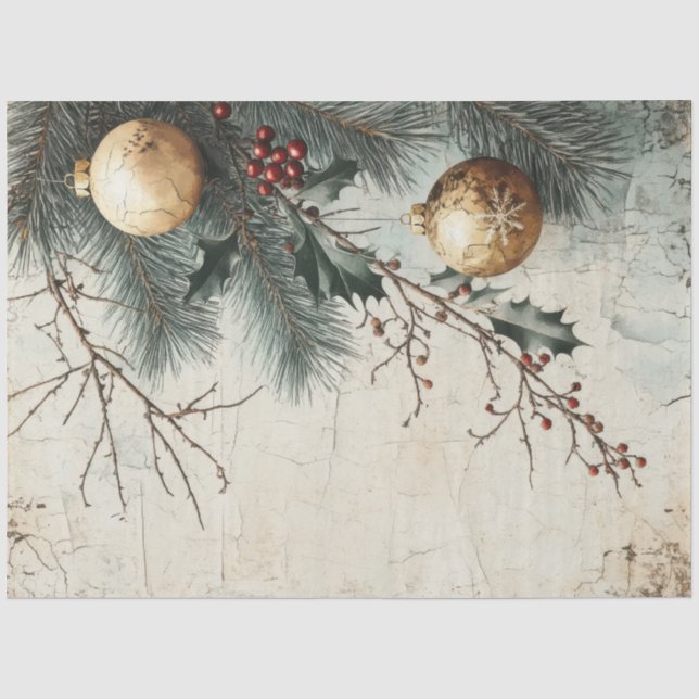 Watercolor Christmas gold baubles holly berry Tissue Paper (Front)
