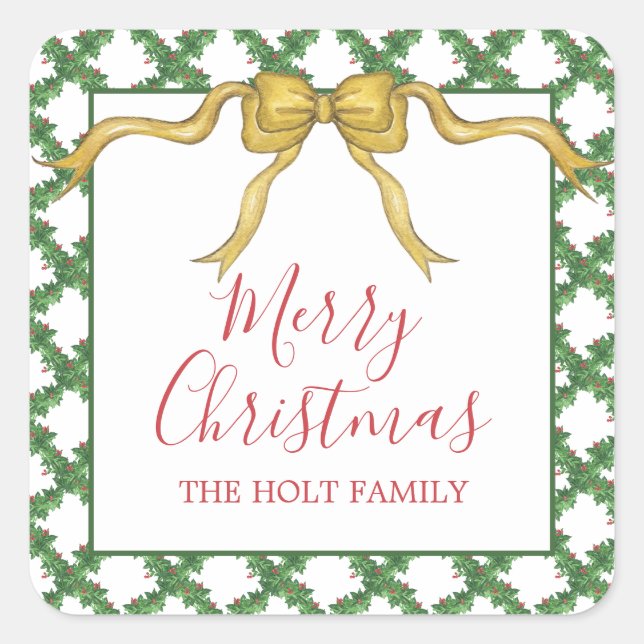 Watercolor Christmas Golden Bow Gift Enclosure Square Sticker (Front)