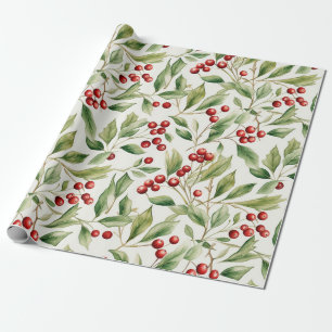 Watercolor Christmas Green Holly With Red Berries Wrapping Paper