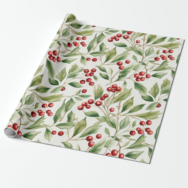 Watercolor Christmas Green Holly With Red Berries Wrapping Paper (Unrolled)