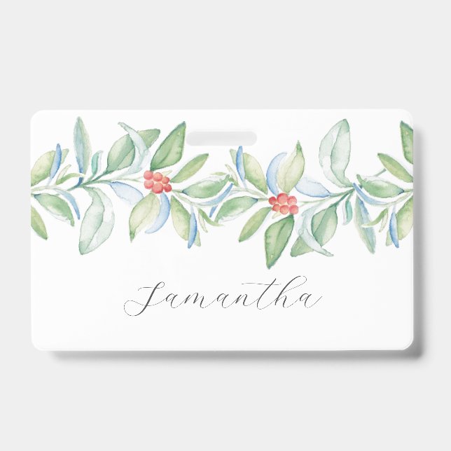 Watercolor Christmas Greenery & Berries Name Tags Badge (Front)