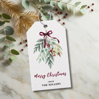 Watercolor Christmas Greenery Burgundy Ribbon Gift Tags