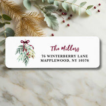 Watercolor Christmas Greenery Burgundy Ribbon