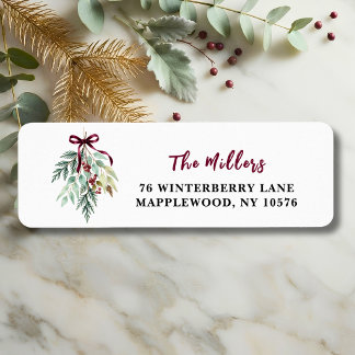 Watercolor Christmas Greenery Burgundy Ribbon Label