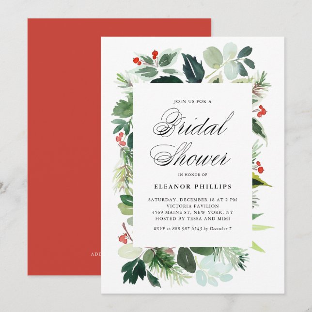 Watercolor Christmas Greenery Frame Bridal Shower Invitation (Front/Back)