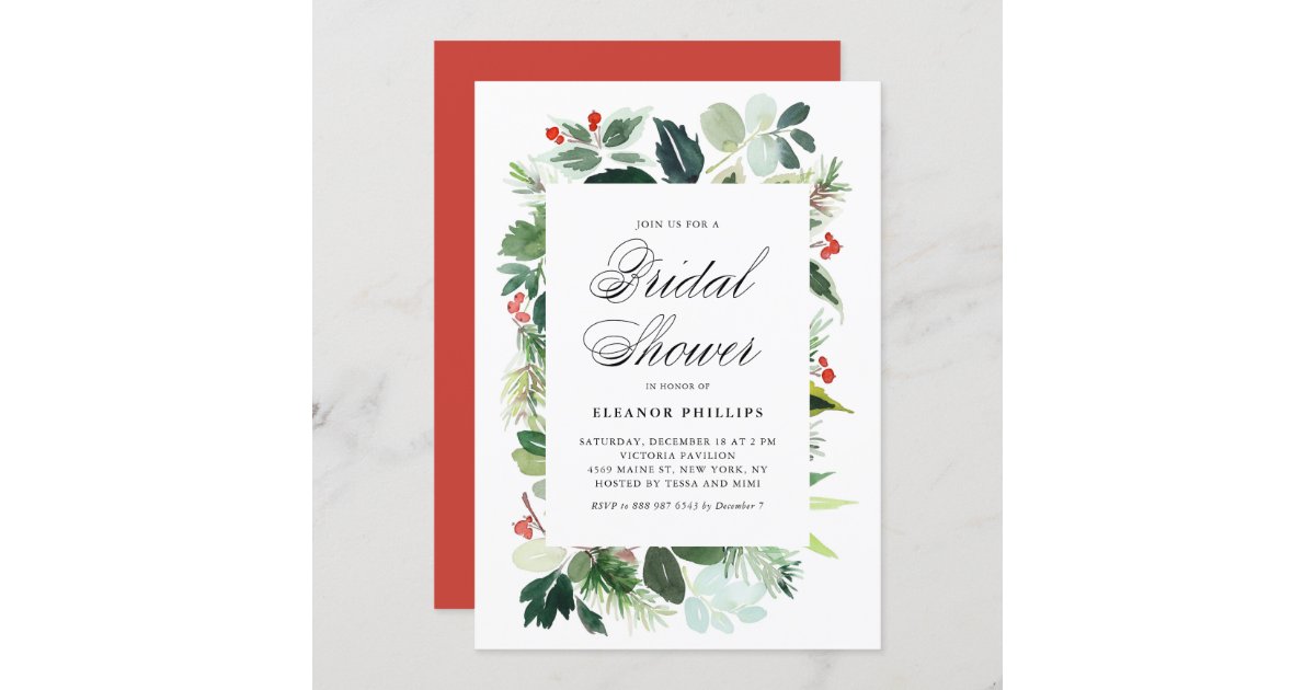 Watercolor Christmas Greenery Frame Bridal Shower Invitation | Zazzle