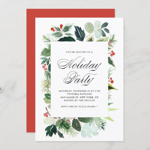 Watercolor Christmas Greenery Frame Holiday Party Invitation