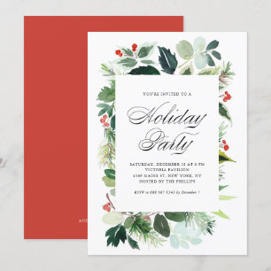 Watercolor Christmas Greenery Frame Holiday Party Invitation