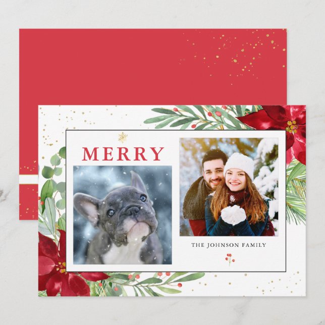 Watercolor Christmas Greenery + Gold  Holiday Card (Front/Back)