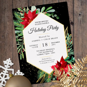 Watercolor Christmas Greenery + Gold Holiday Party Foil Invitation
