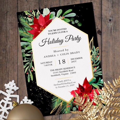 Watercolor Christmas Greenery  Gold Holiday Party Foil Invitation