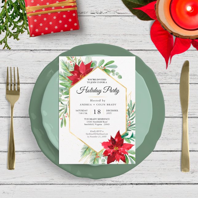 Watercolor Christmas Greenery + Gold Holiday Party Invitation (Creator Uploaded)