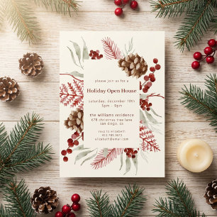 Watercolor Christmas Greenery Holiday Open House Invitation