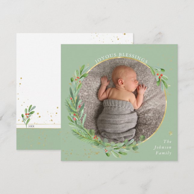 Watercolor Christmas Greenery Joyous Blessings Holiday Card (Front/Back)