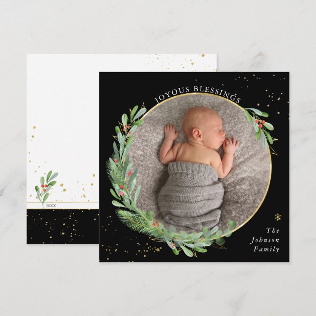 Watercolor Christmas Greenery Joyous Blessings Holiday Card (Front/Back)
