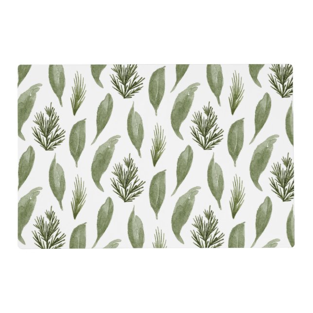 Watercolor Christmas greenery leaves and pine Placemat (Front)