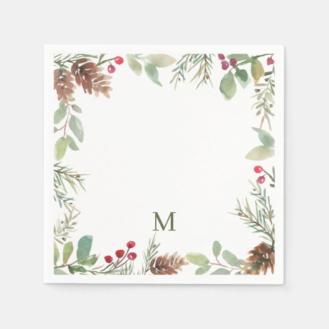 Watercolor Christmas Greenery Monogram Napkins (Front)
