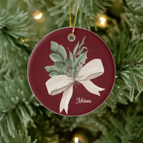 Watercolor Christmas Greenery Personalized Ceramic Ornament