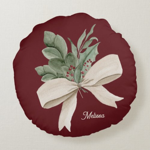 Watercolor Christmas Greenery Personalized Round Pillow