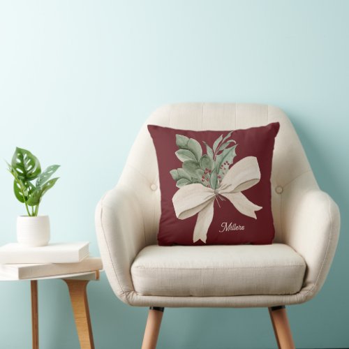 Watercolor Christmas Greenery Personalized Throw Pillow