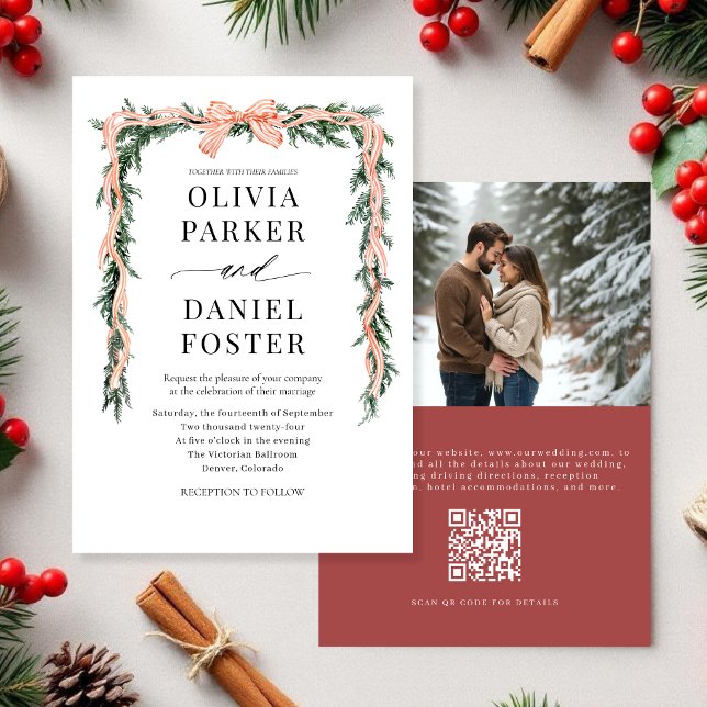 Watercolor Christmas Greenery QR Code Photo Bow  Invitation (Creator Uploaded)