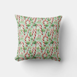Watercolor Christmas greenery red candy canes Throw Pillow