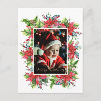 Watercolor Christmas greenery with poinsettia Post Postcard