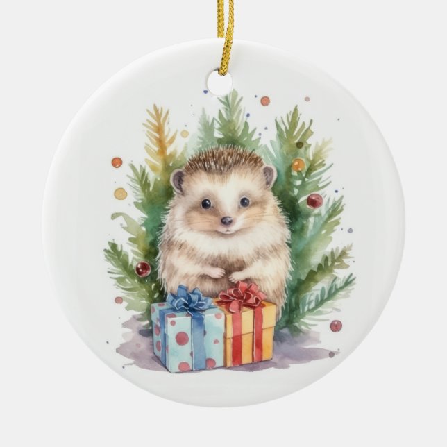 Watercolor Christmas Hedgehog Ceramic Ornament (Front)