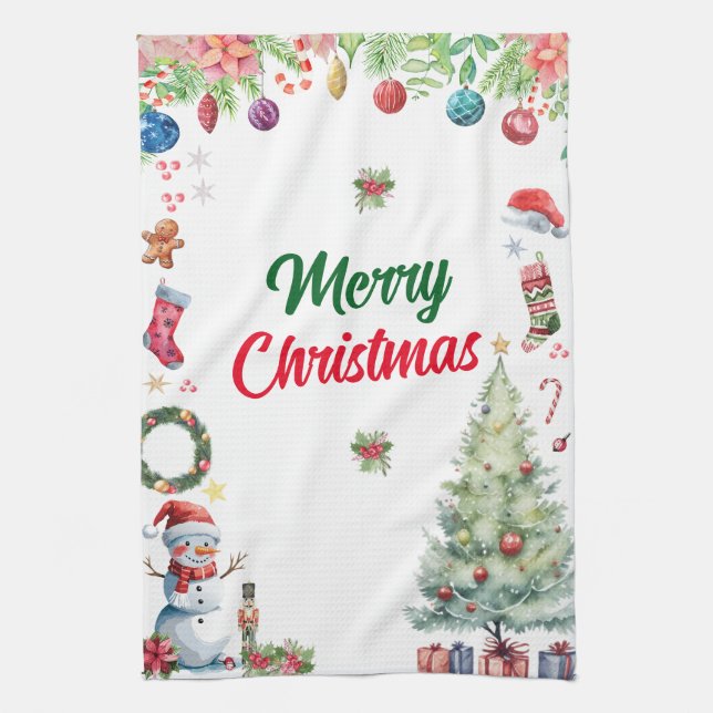 Watercolor Christmas Holiday  Kitchen Towel (Vertical)